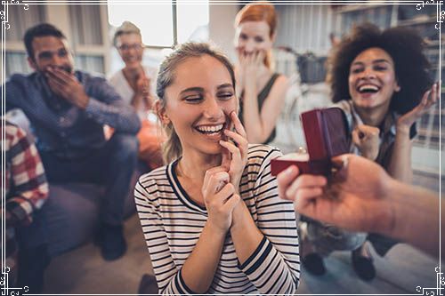 Man Presenting Engagement Ring to Girlfriend Around Friends