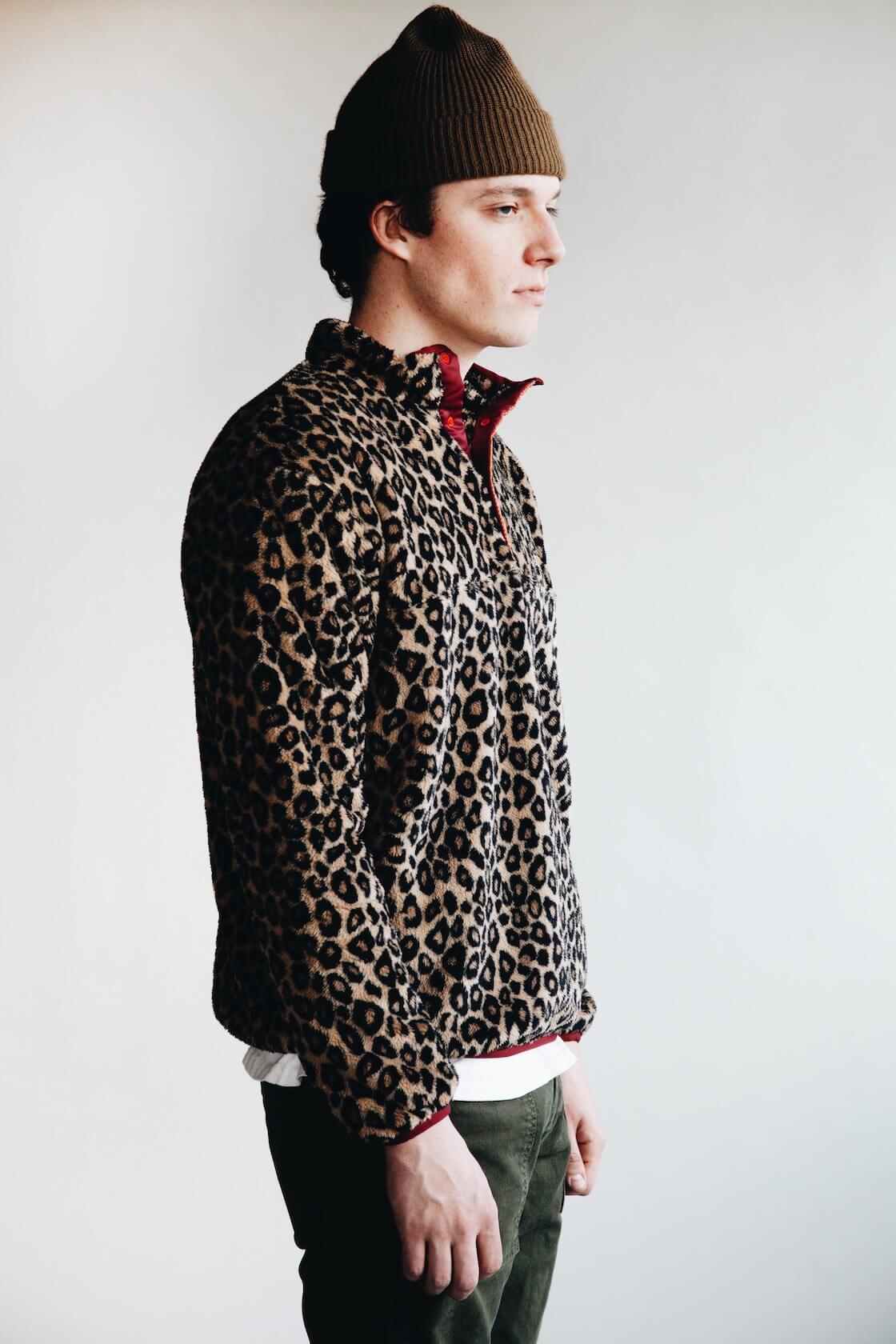 kapital kountry leopard fleece snap pullover and pure blue japan military pants on body