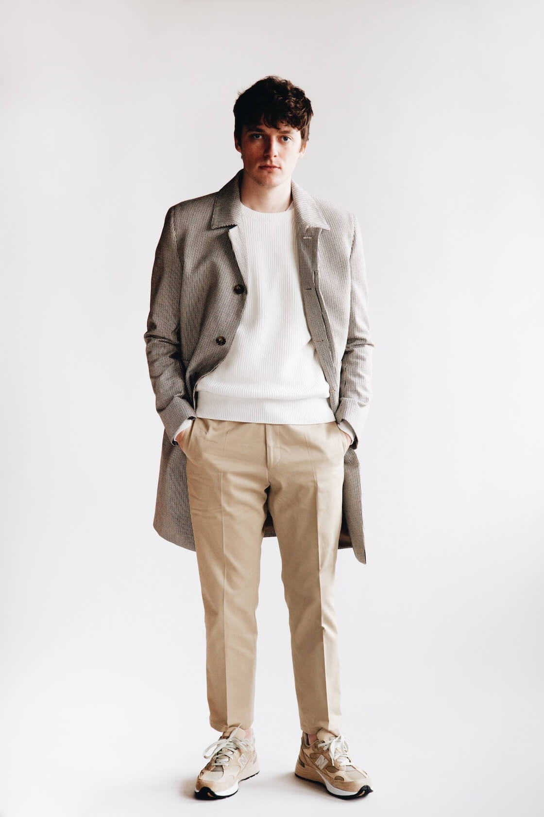 harmony paris maximus coat, wade sweater, patrizio trousers and new balance shoes on body