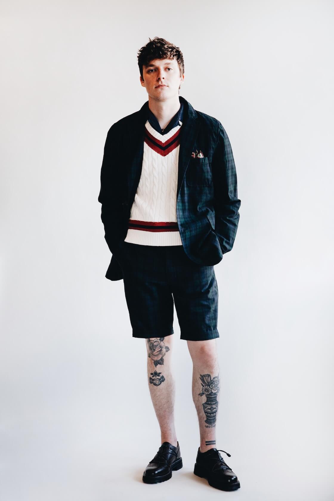 beams plus 3 button shirt jacket, beams plus cricket vest, beams plus ivy shorts and hender scheme code tip shoes on body