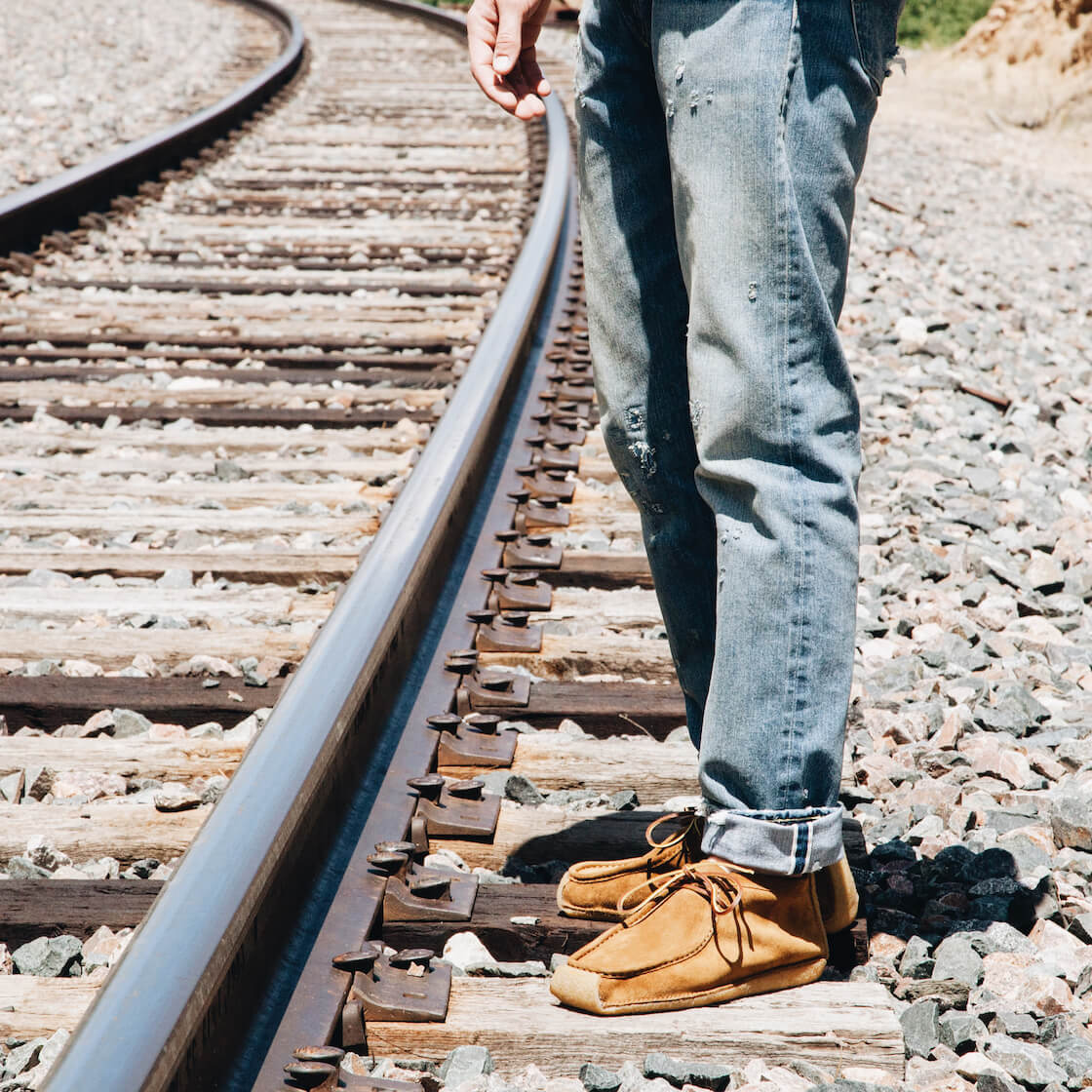 yuketen yuks type 4 mocassin boots with LVC jeans on body