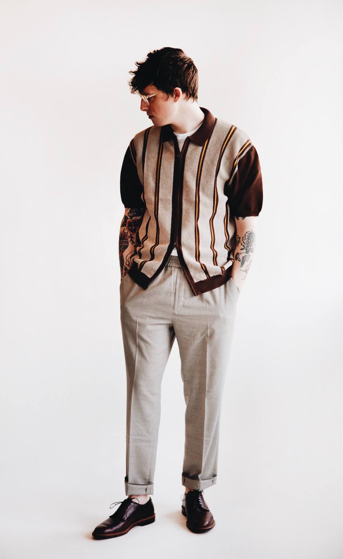 beams plus short sleeve zip knit, harmony paris paolo trouser and alden bluchers on body