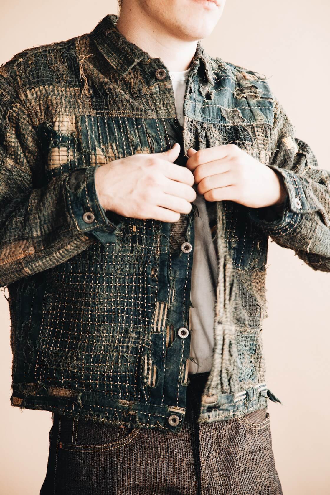 kapital boro first jacket and century denim pants on body