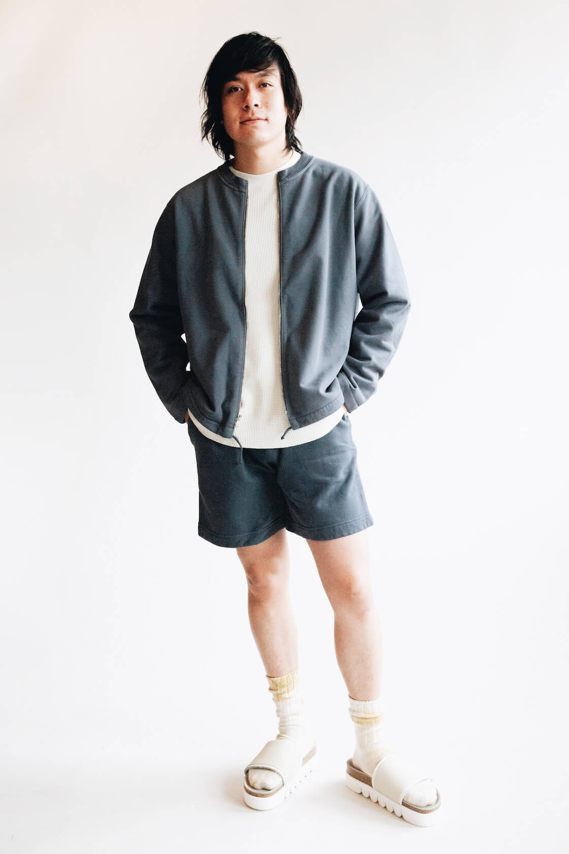 Zip Cardigan from Lady White Co., Cropped Raglan Thermal from Lady White Co., Sweat Shorts from Lady White Co. and Caterpillar sandals from Hender Scheme on body