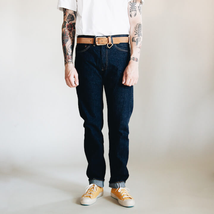 levi's vintage clothing LVC 1954 501 New Rinse with yuketen belt and shoes like pottery sneakers on body