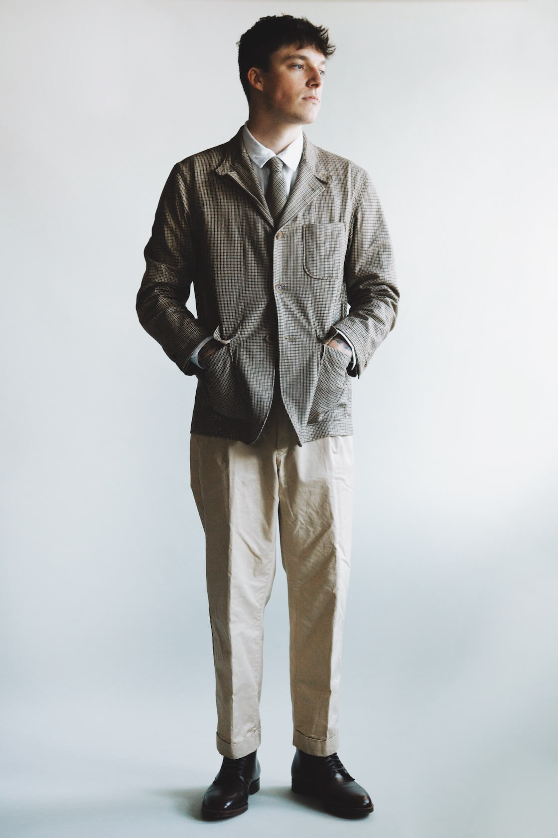 engineered garments loiter jacket and neck tie, corridor nyc canoe club oxford shirt, beams plus single pleat twill pants and alden bluchers on body