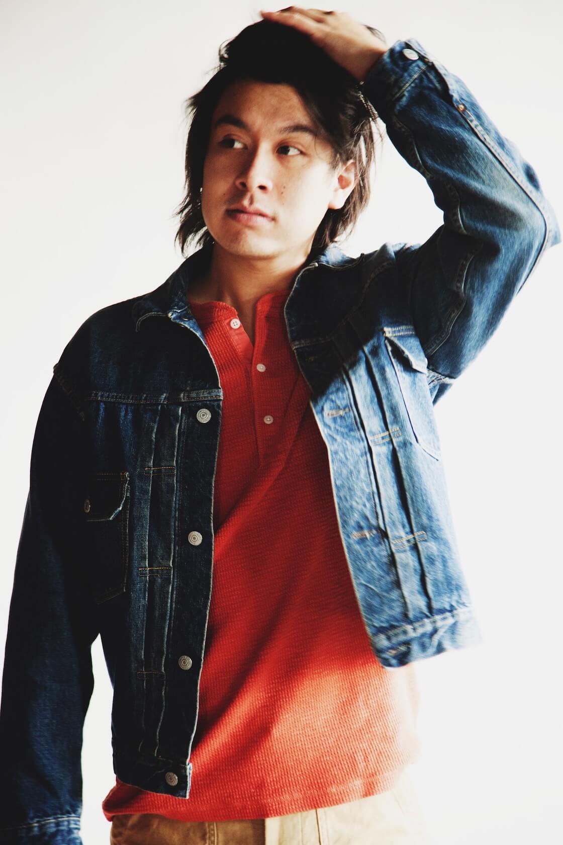 orslow 50's denim jacket, RRL waffle knit henley shirt, orslow slim fit fatigue pants on body