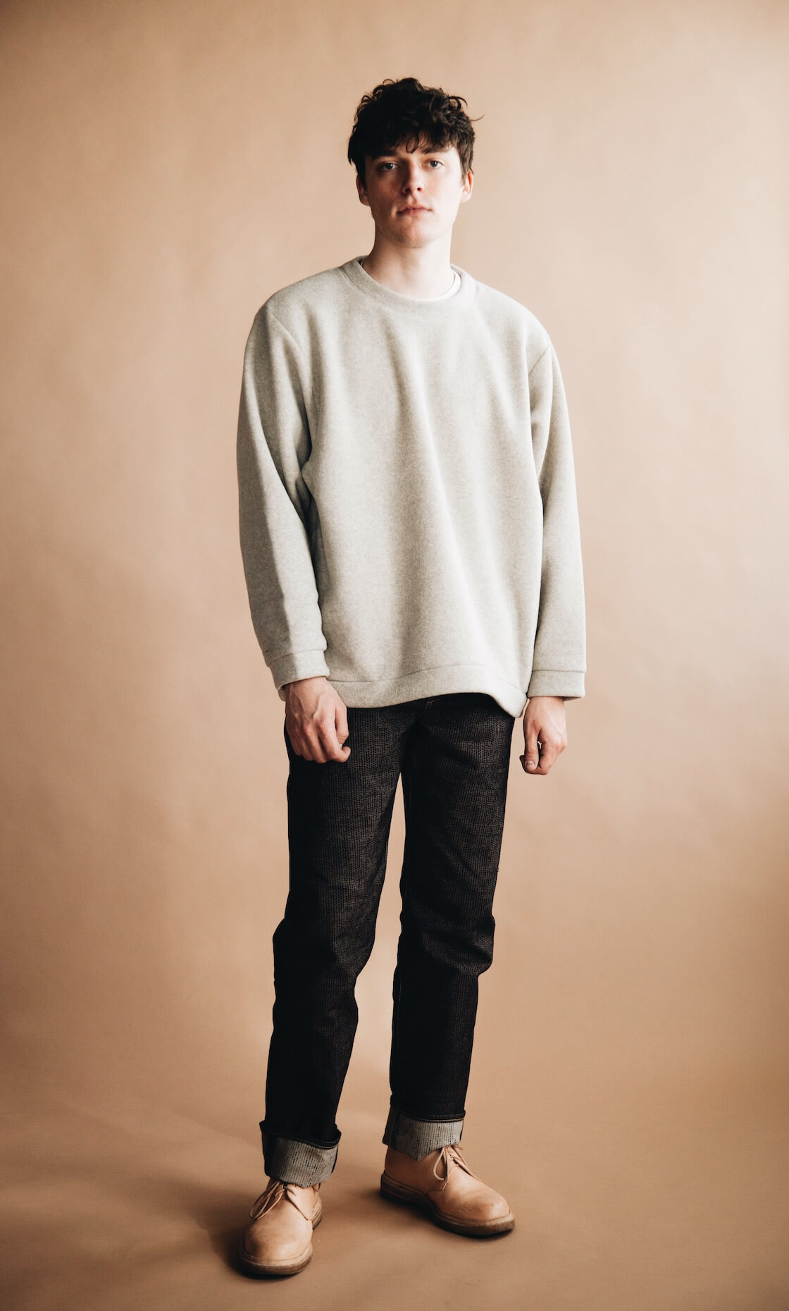 kapital reverse fleece big crew sweatshirt, century denim pants, and hender scheme mip 21 shoes on body