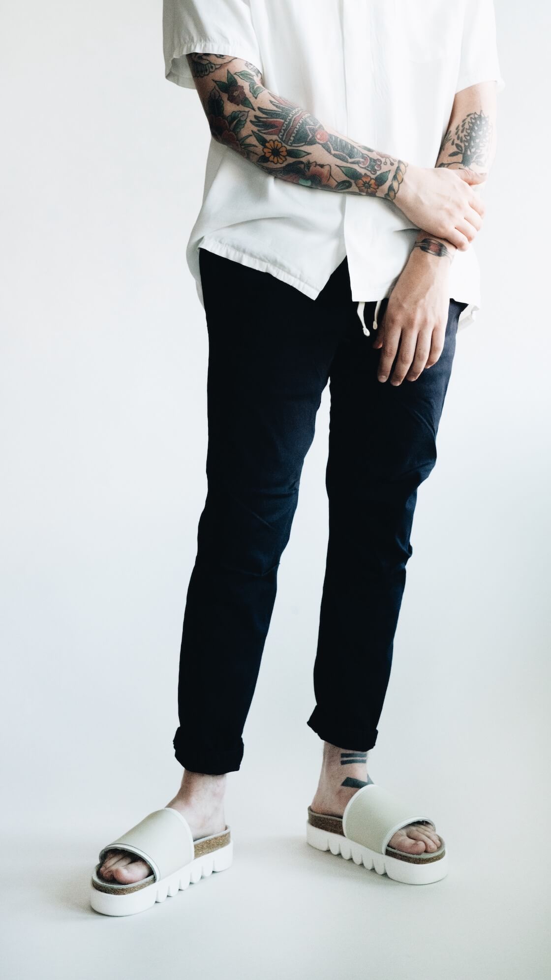 free edge shirt from visvim, gym pants from beams plus and hender scheme caterpillar sandals on body