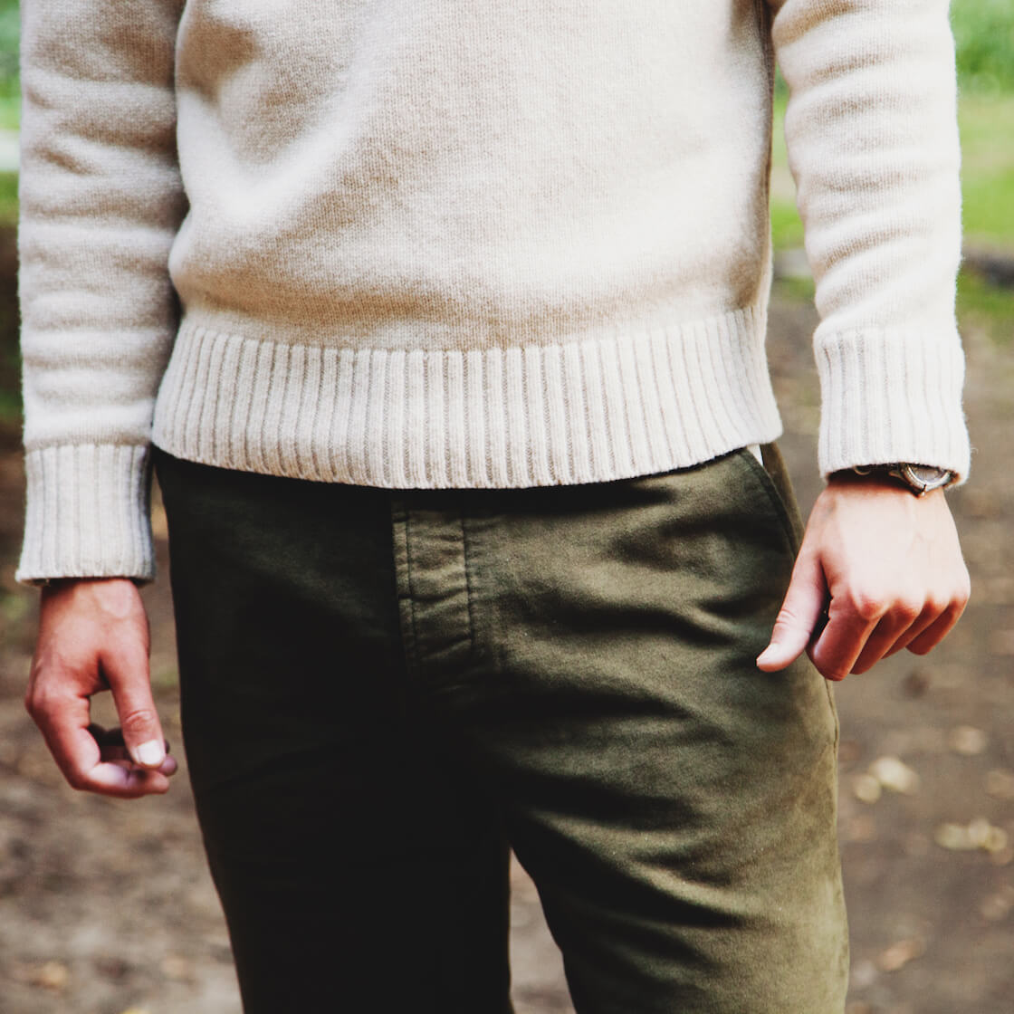 Universal Works chest stripe crew sweater and military chino on body