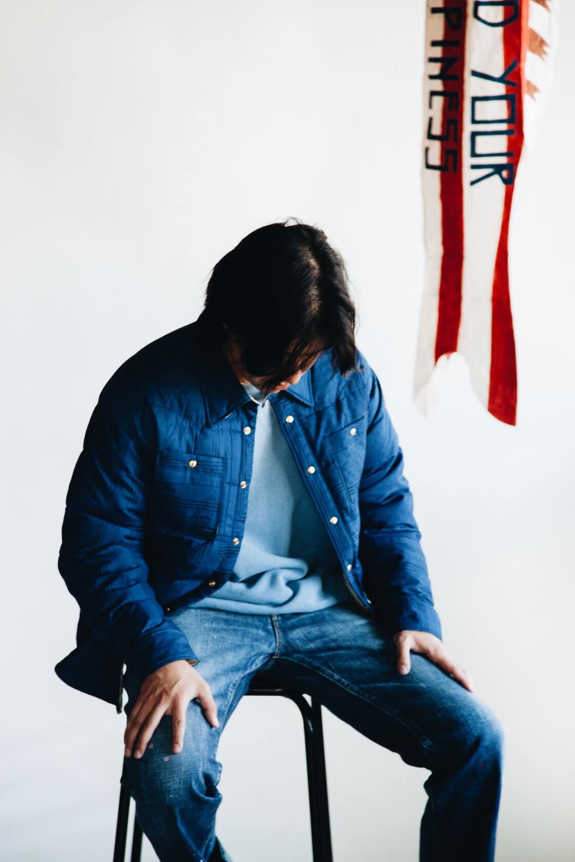 visvim indigo camping trading post find your happiness Kerchief Down Jacket, Jumbo Sweat L/S Crash Sweatshirt, Social Structure Dry Denim and Skagway Lo Canvas Shoes on body
