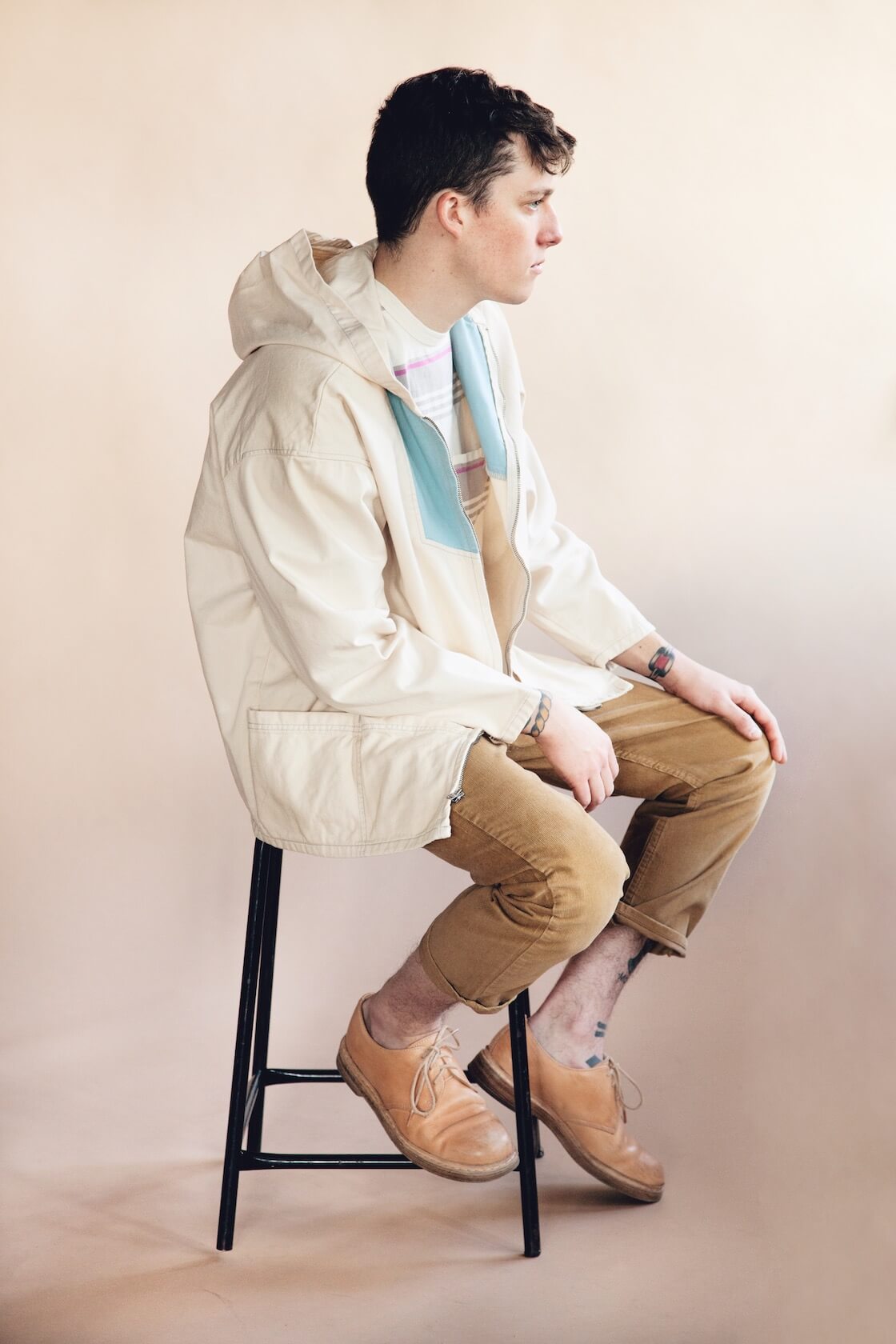 lvc 1970's cords, 1960's anorak jacket, 1960's casual stripes tee, and hender scheme mip-21 shoes on body