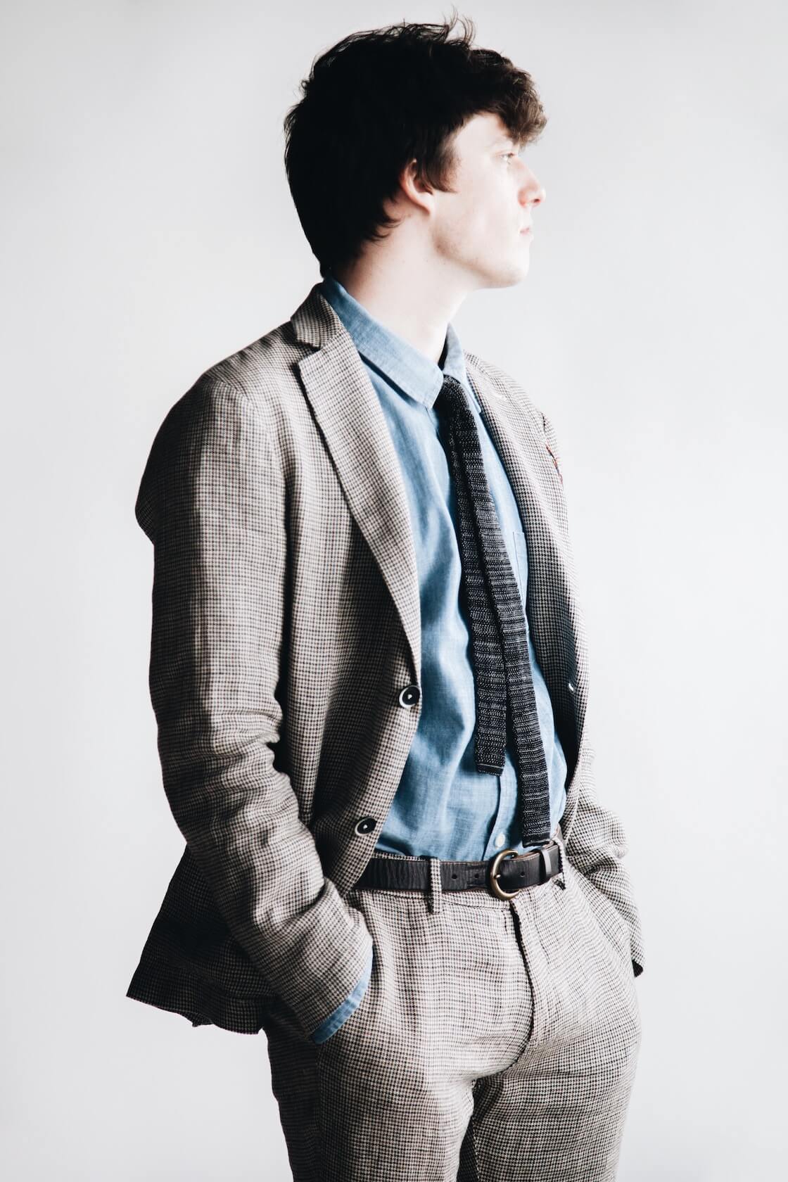 barena borgo jacket, canoe club x corridor blue chambray shirt, barena rionero trousers, and beams plus knit tie on body