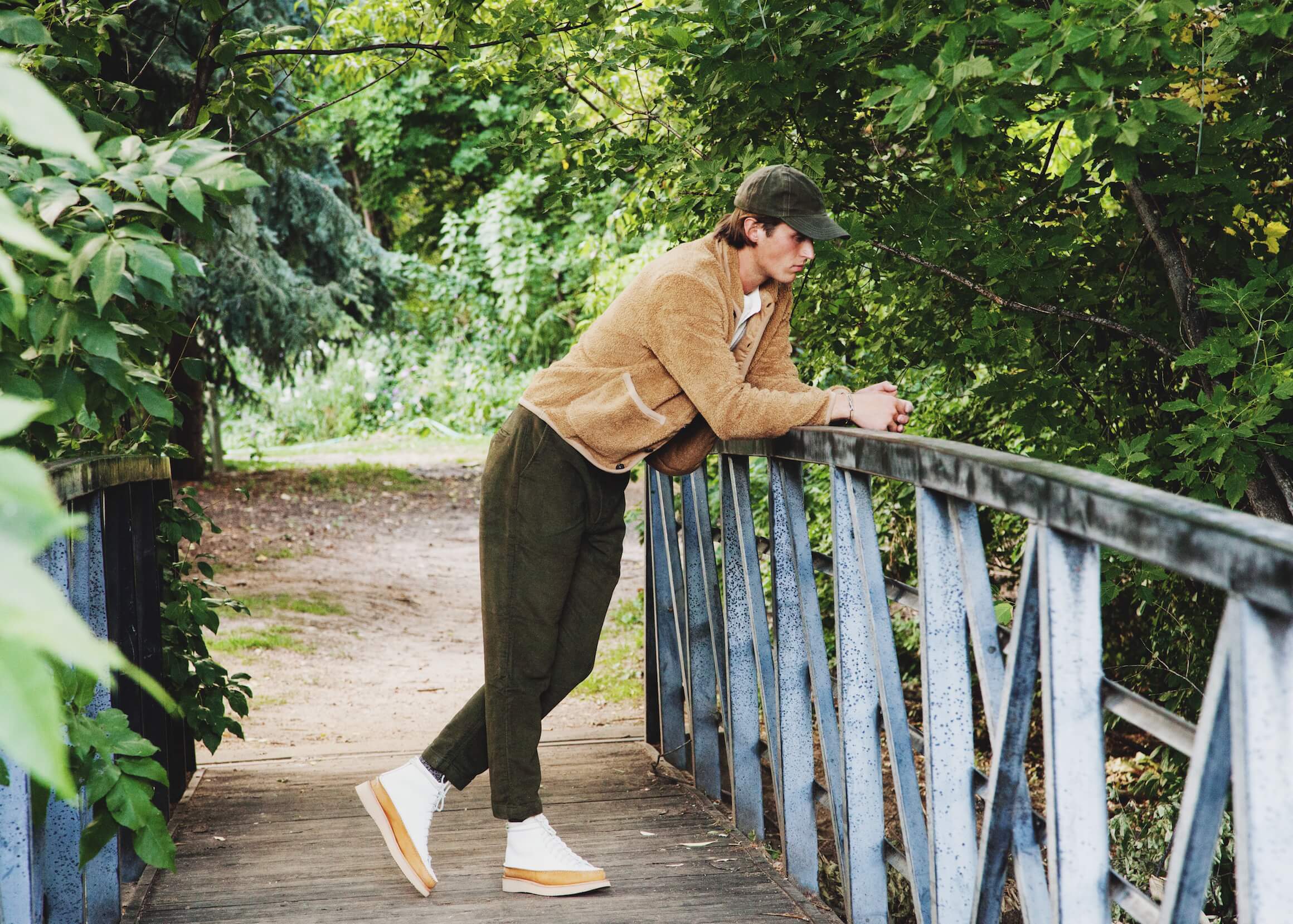 Universal Works lancaster jacket, military chinos, yuketen sneaker mocs, and corridor nyc waxed cap on body