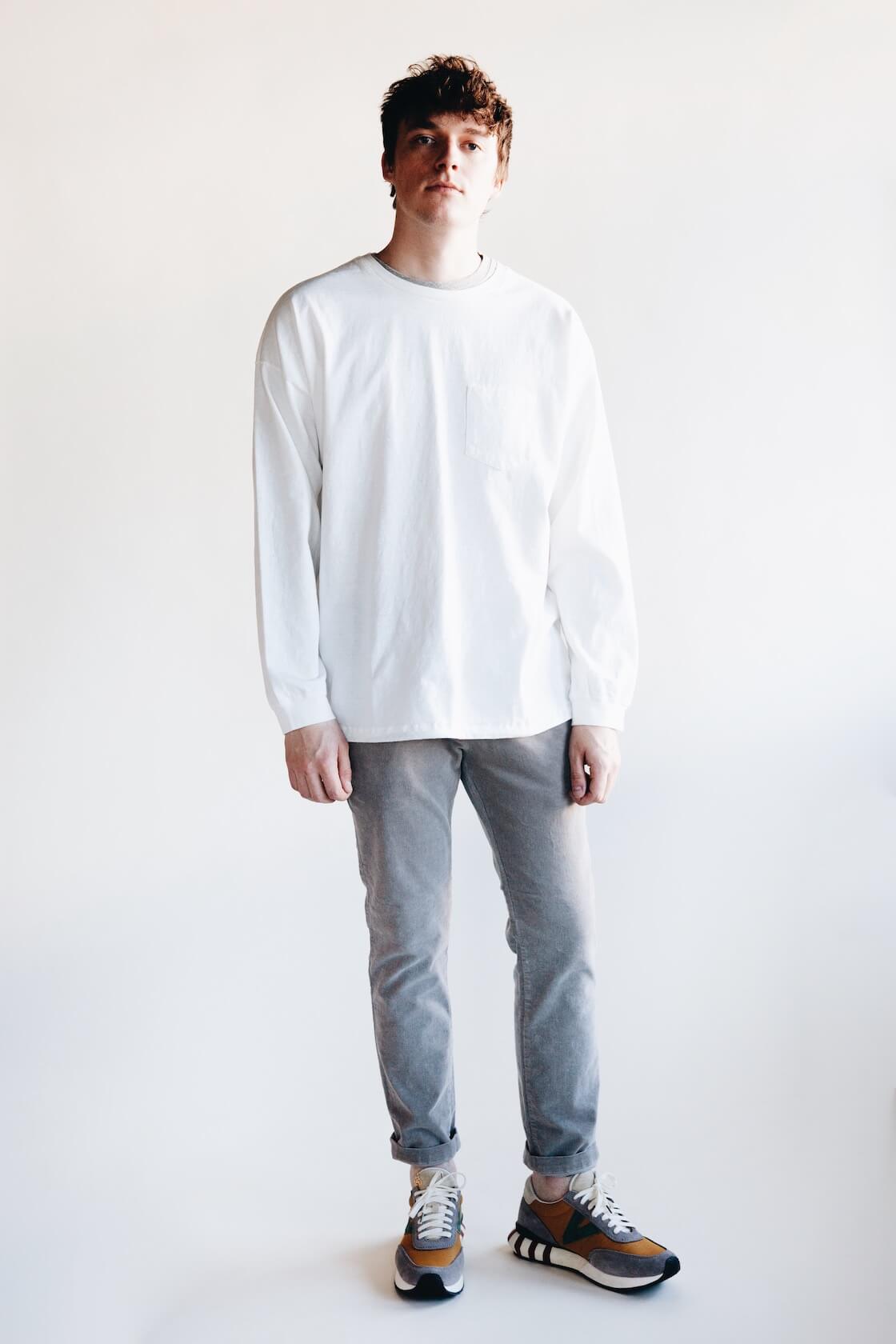 remi relief jersey double neck grunge tee, stretched corduroy slacks and visvim attica trainers on body