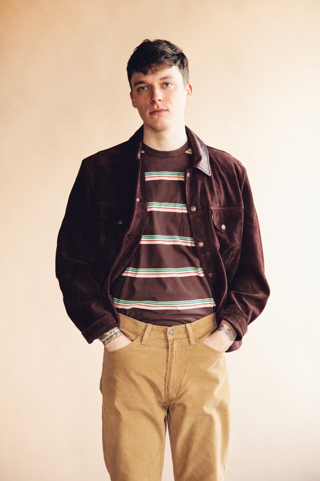 lvc 1960's suede trucker jacket, 1970's cords, and 1960's casual stripes tee on body