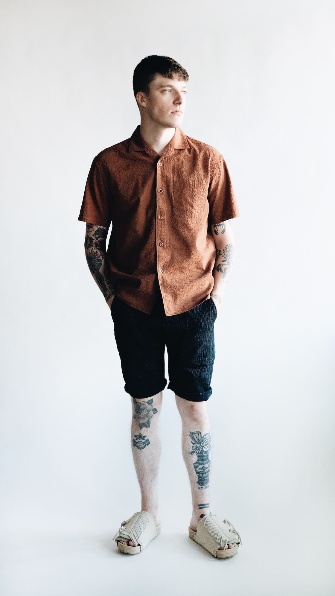 arpenteur pyjama shirt, pure blue japan selvedge sashiko shorts and visvim christo sandals on body