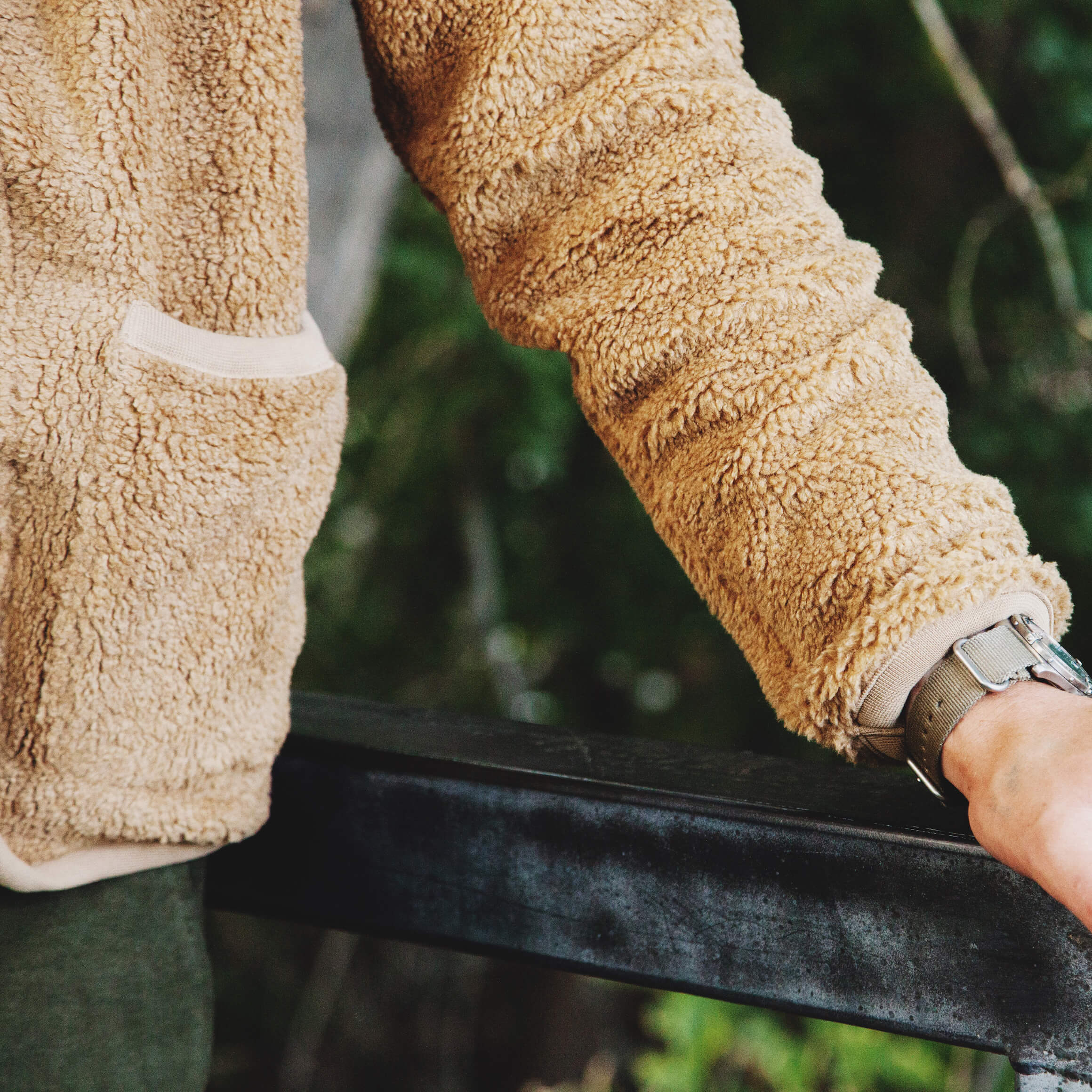 Universal Works lancaster jacket and timex watch on body