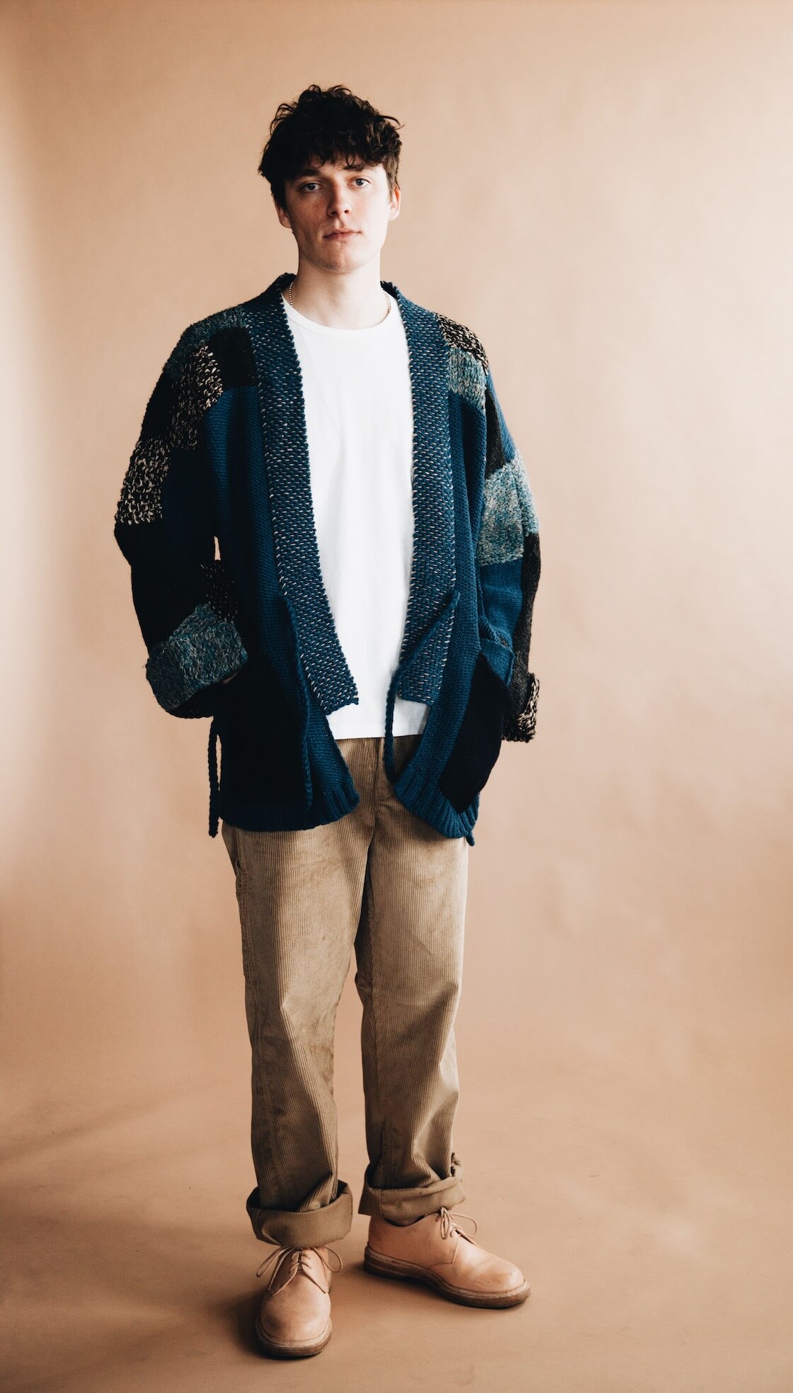 kapital hand knit tugihagi kakashi cardigan and hender scheme mip 21 shoes on body