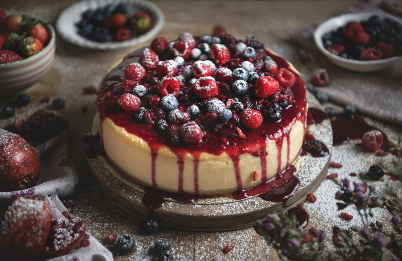 The finished Rasberry and Blueberry topped cheese cake with Cape Crystal Brands agar agar