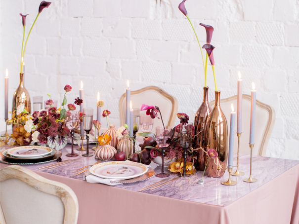 Springtime dusty rose, burgundy, and gold tablescape with place setting
