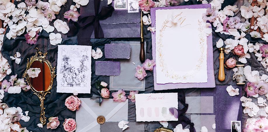 Lilac and lavender wedding invitations and stationary