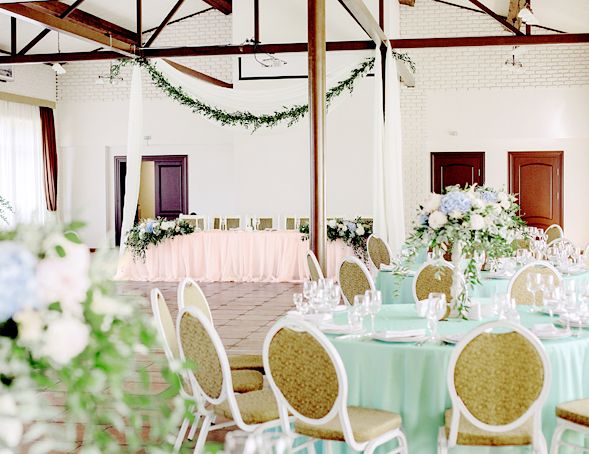 Blush pink and seafoam green indoors spring wedding reception
