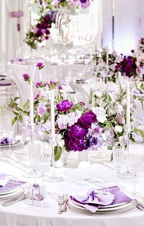 Victorian lilac, lavender, sage green, white indoor spring wedding reception table setting