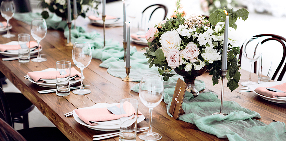 Seafoam green and blush rustic modern wedding reception table outside