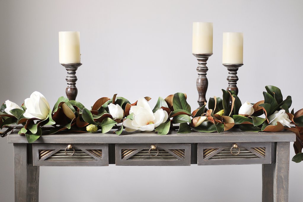 Real Touch White Magnolia Flower & Leaf Table Runner