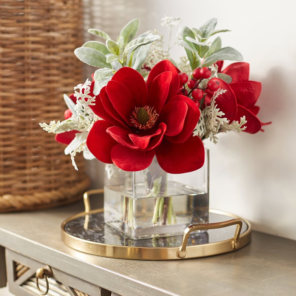 Large Christmas Red Velvet Magnolia, Berry & Lamb's Ear Arrangement in Square Glass Vase