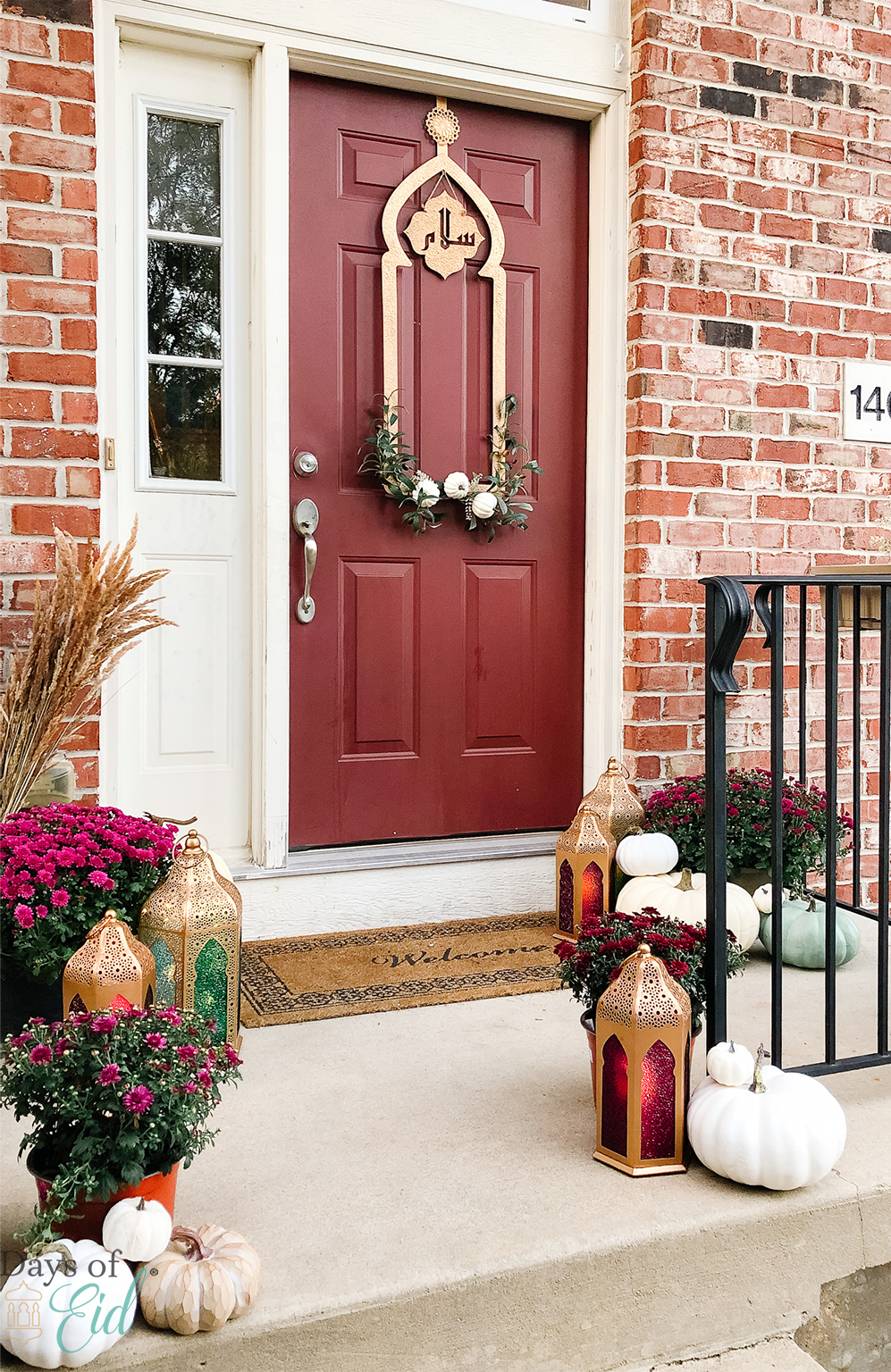 Door decorated with Ramadan wreath, flowers, lanterns, white pumpkins, and other fall accents