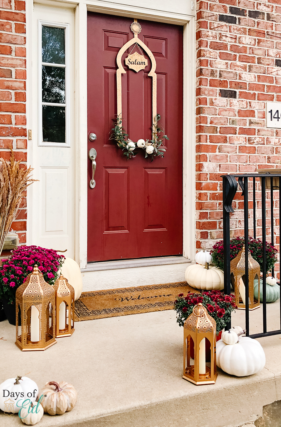 Door decorated with Ramadan wreath, flowers, lanterns, white pumpkins, and other fall accents