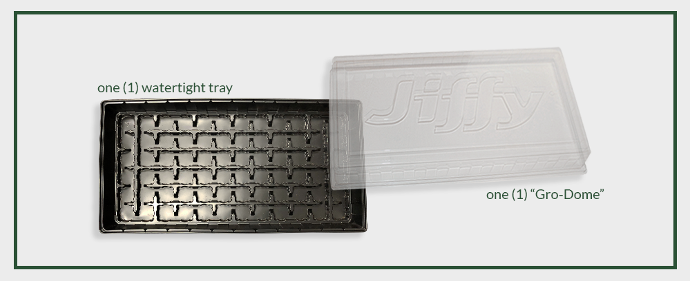 Jiffy Greenhouse seed starting tray without pellets inside | view of empty watertight tray and clear plastic humidity dome