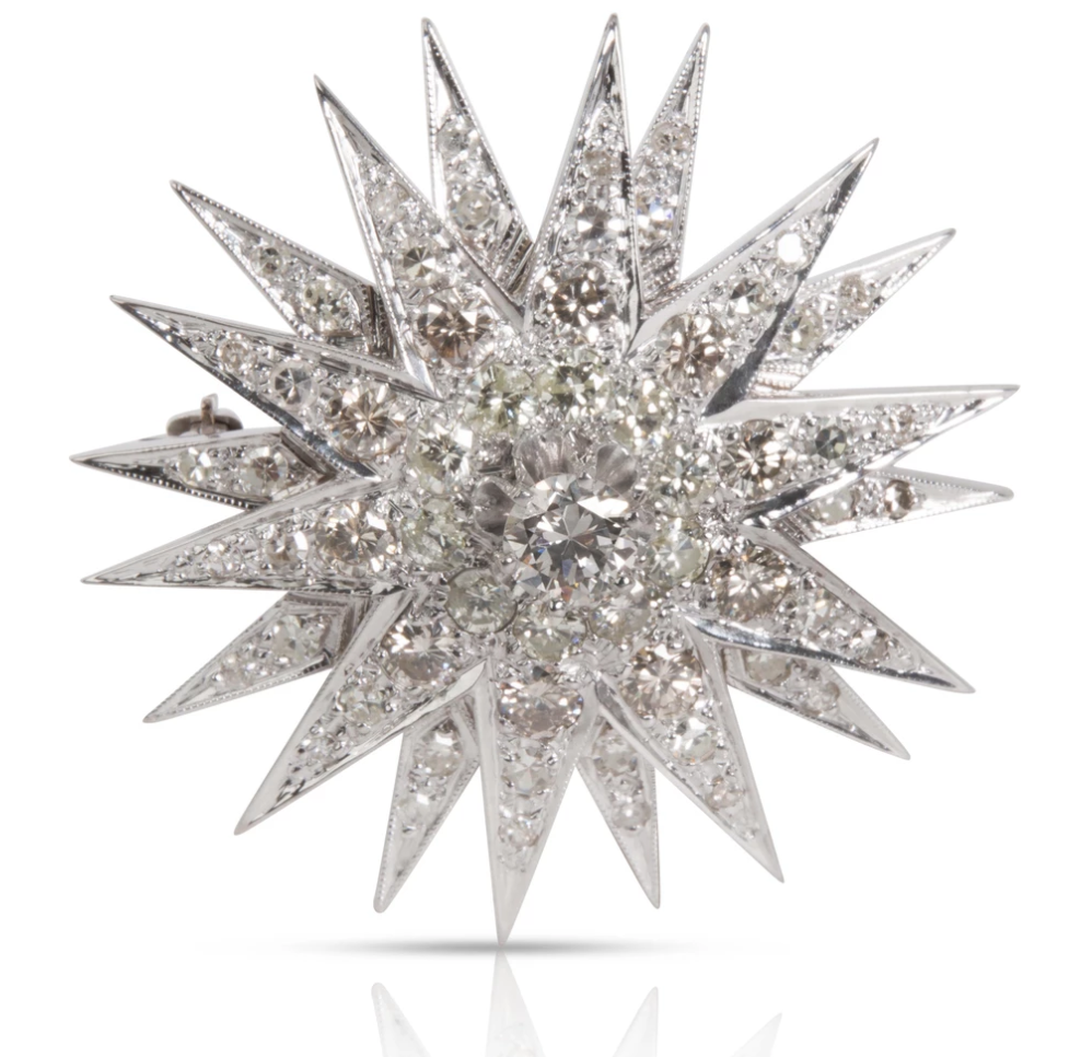 Estate Starburst Diamond Brooch in 14K White Gold 5.14 CTW