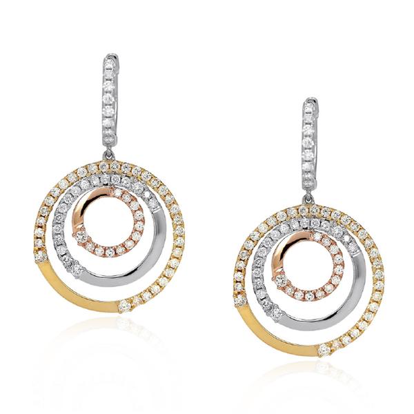 BRAND NEW Diamond Concentric Circle Earrings in 18K Three Tone Gold (2.83 CTW)