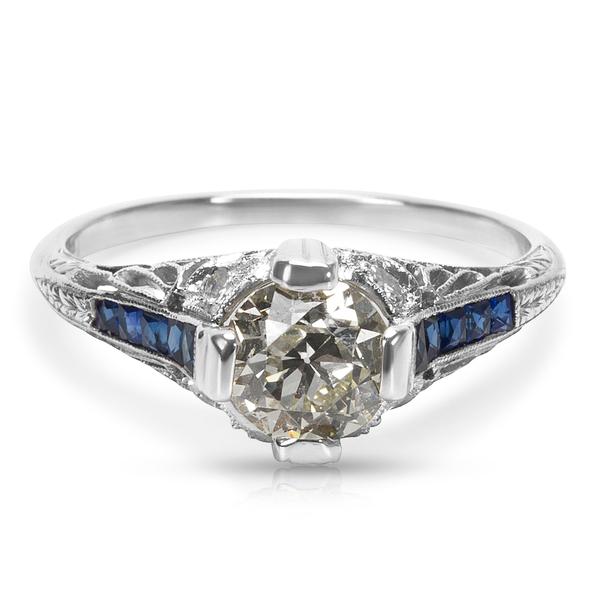 IGL Certified Art Deco Estate Diamond & Sapphire Engagement Ring in Platinum