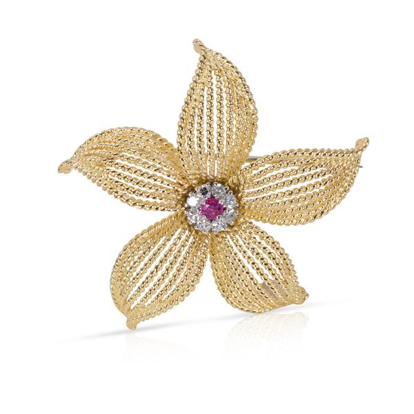 Tiffany & Co. Vintage Diamond & Ruby Flower Pin