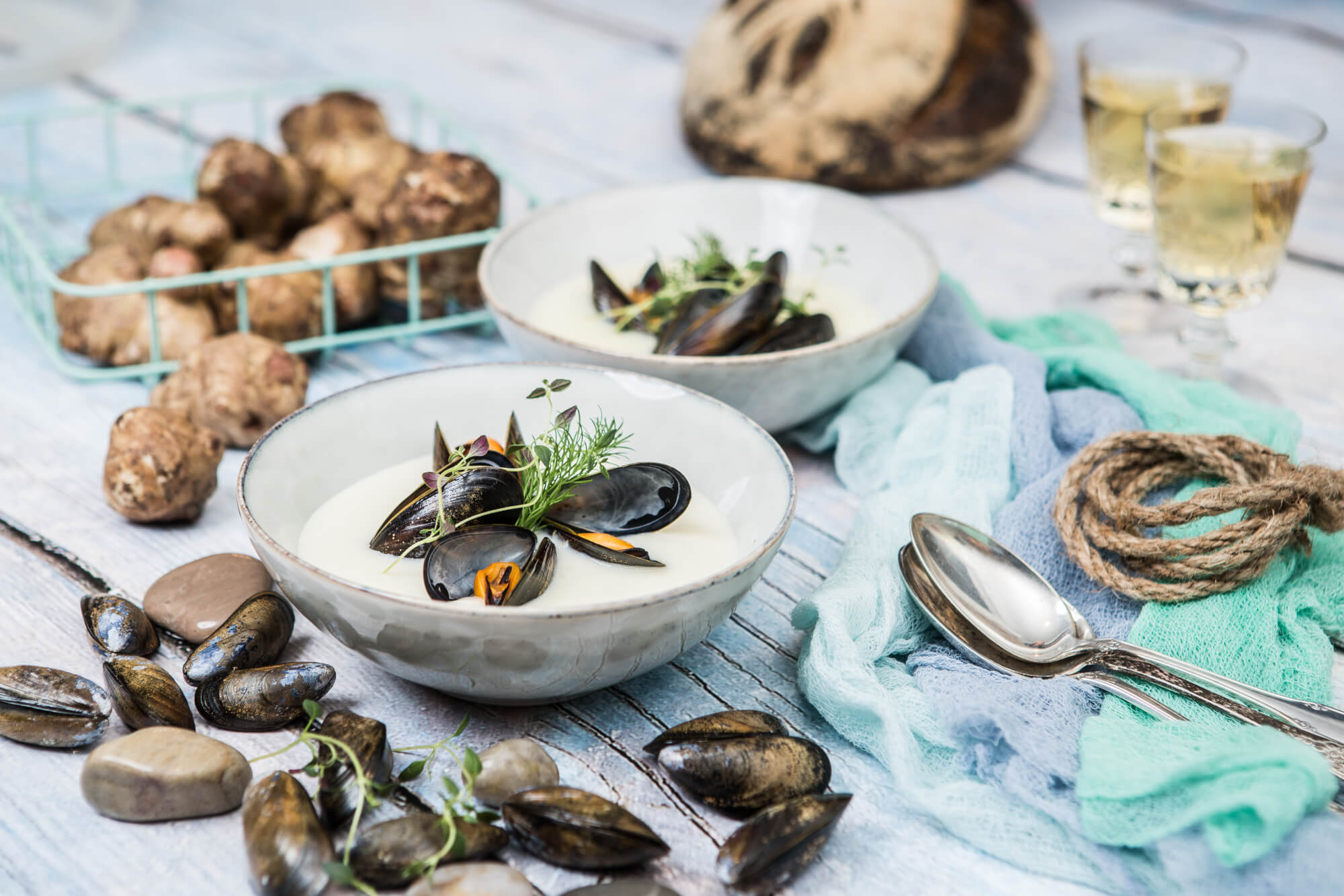 Blåskjell og jordskokksuppe