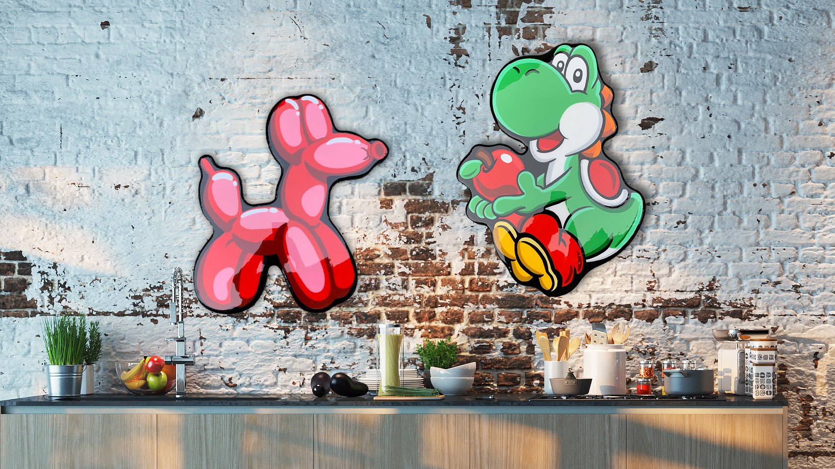 Ballon Friend and Yoshi art- Safe to hang in kitchen or bathroom