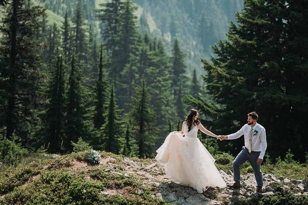 bride and groom in Mount Rainier at their wedding elopement