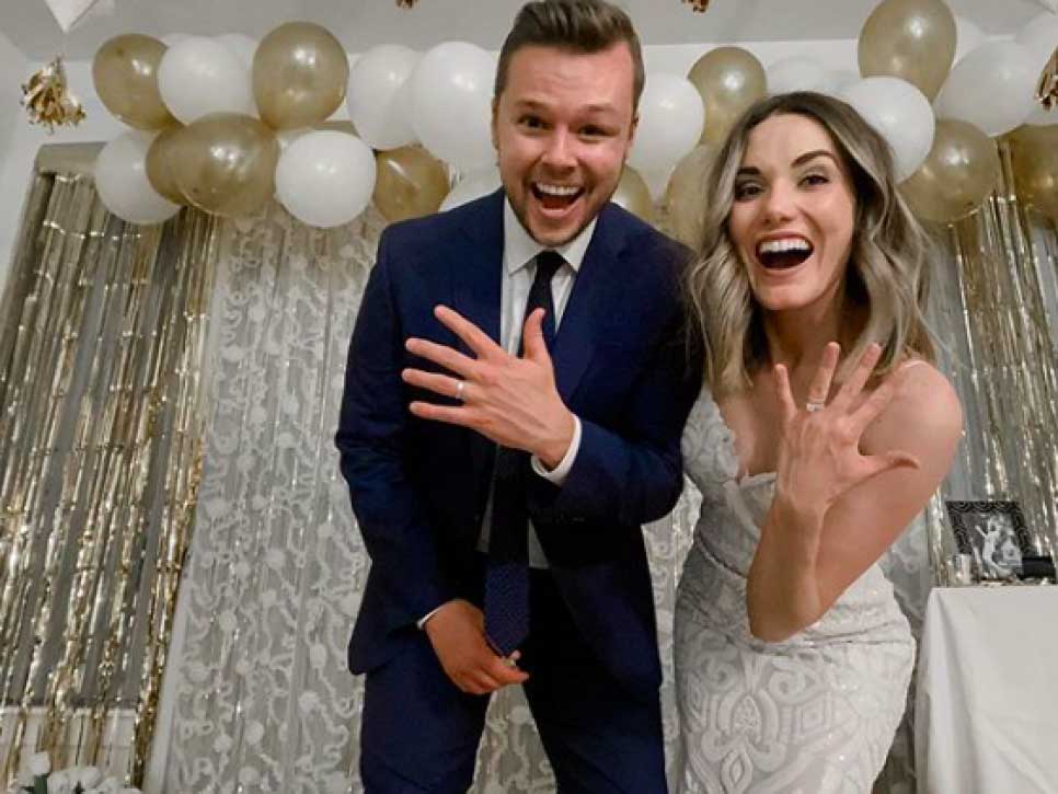 newlyweds celebrating their live streamed wedding