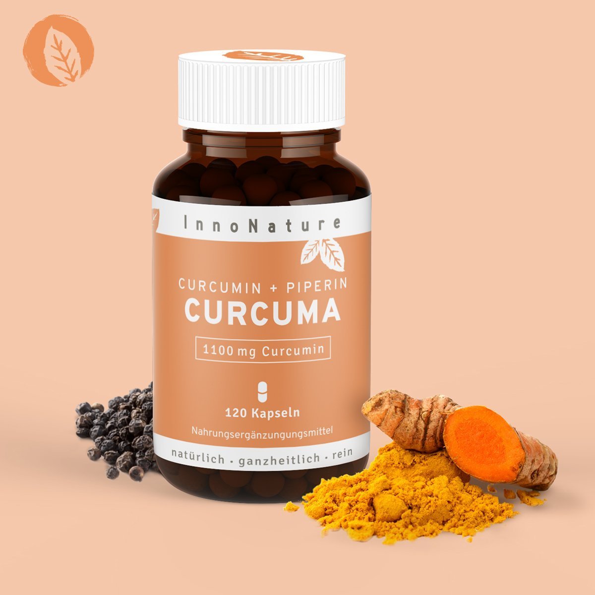 Curcuma Kapsel Dose von InnoNature mit Kurkuma Pulver und Knolle