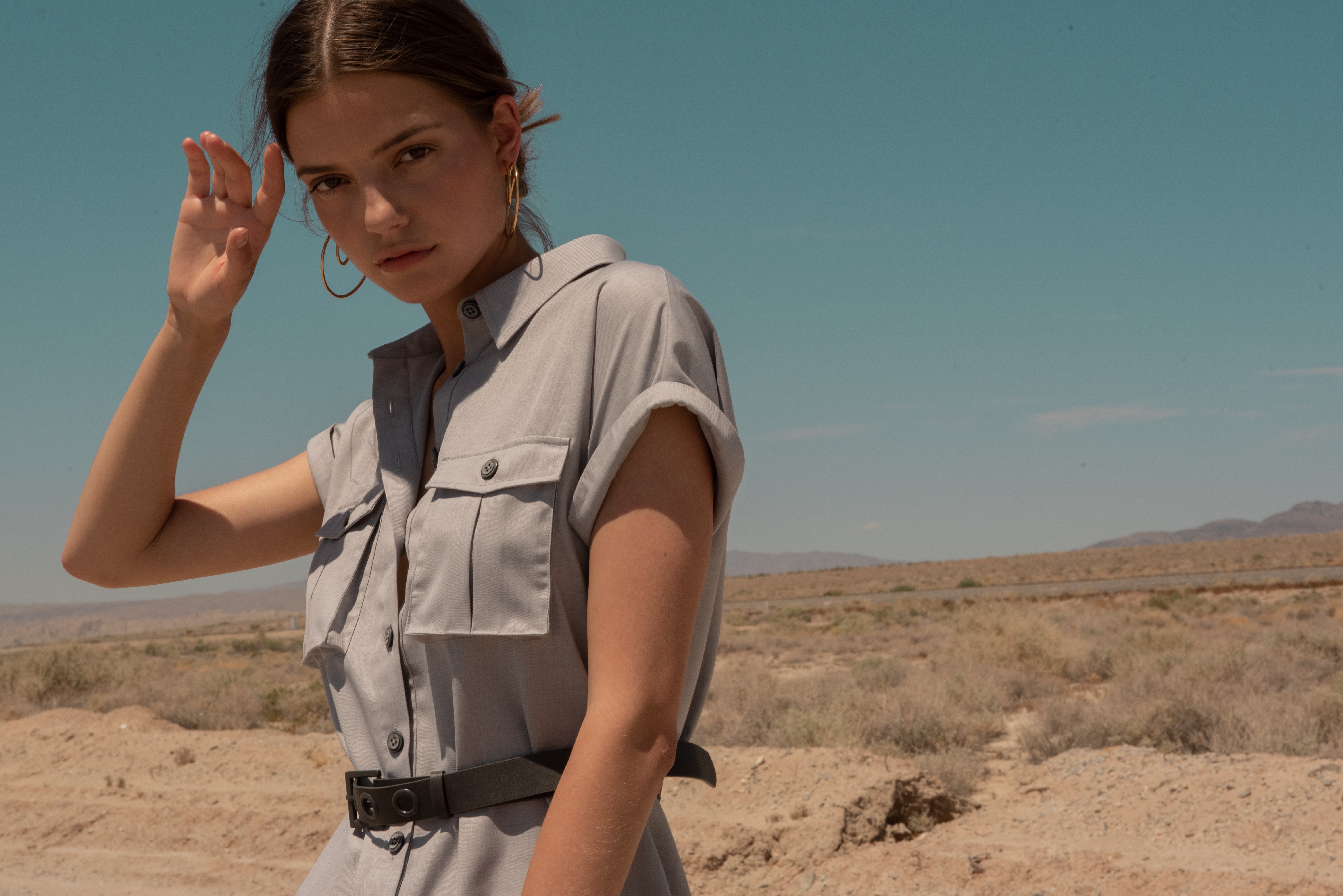 Utility Shirt Dress on model in desert by J.ING women's fashion clothing