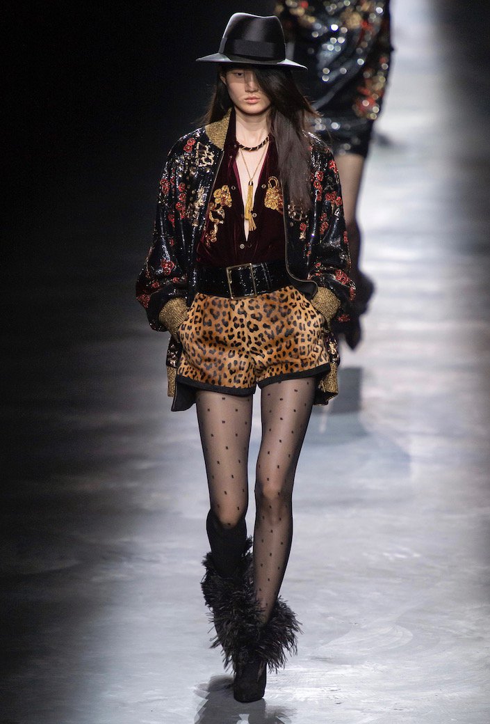 Animal shorts on runway by Saint Laurent