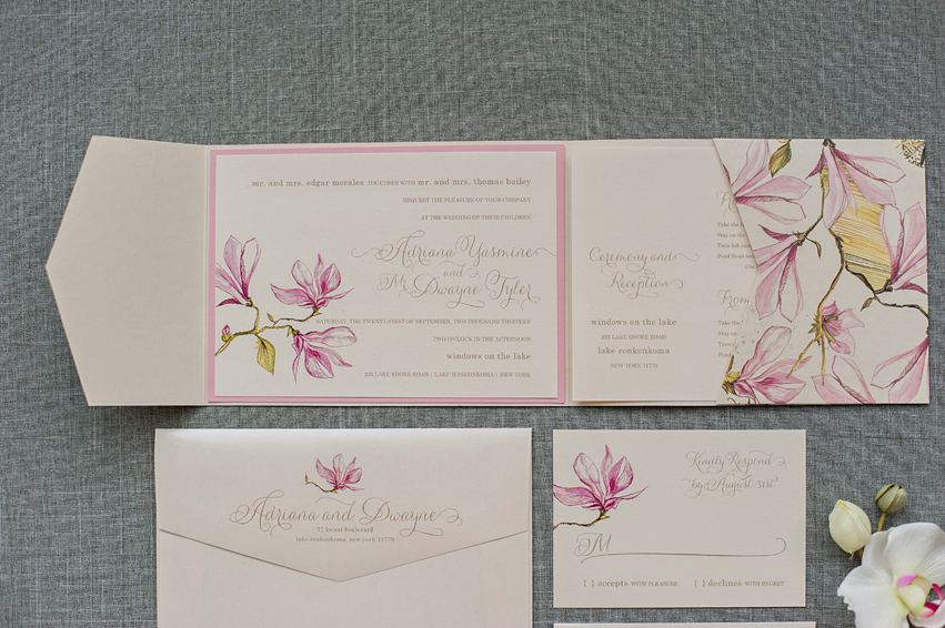 Pink foral wedding pocket invitation, spring wedding, summer wedding, bright invitation