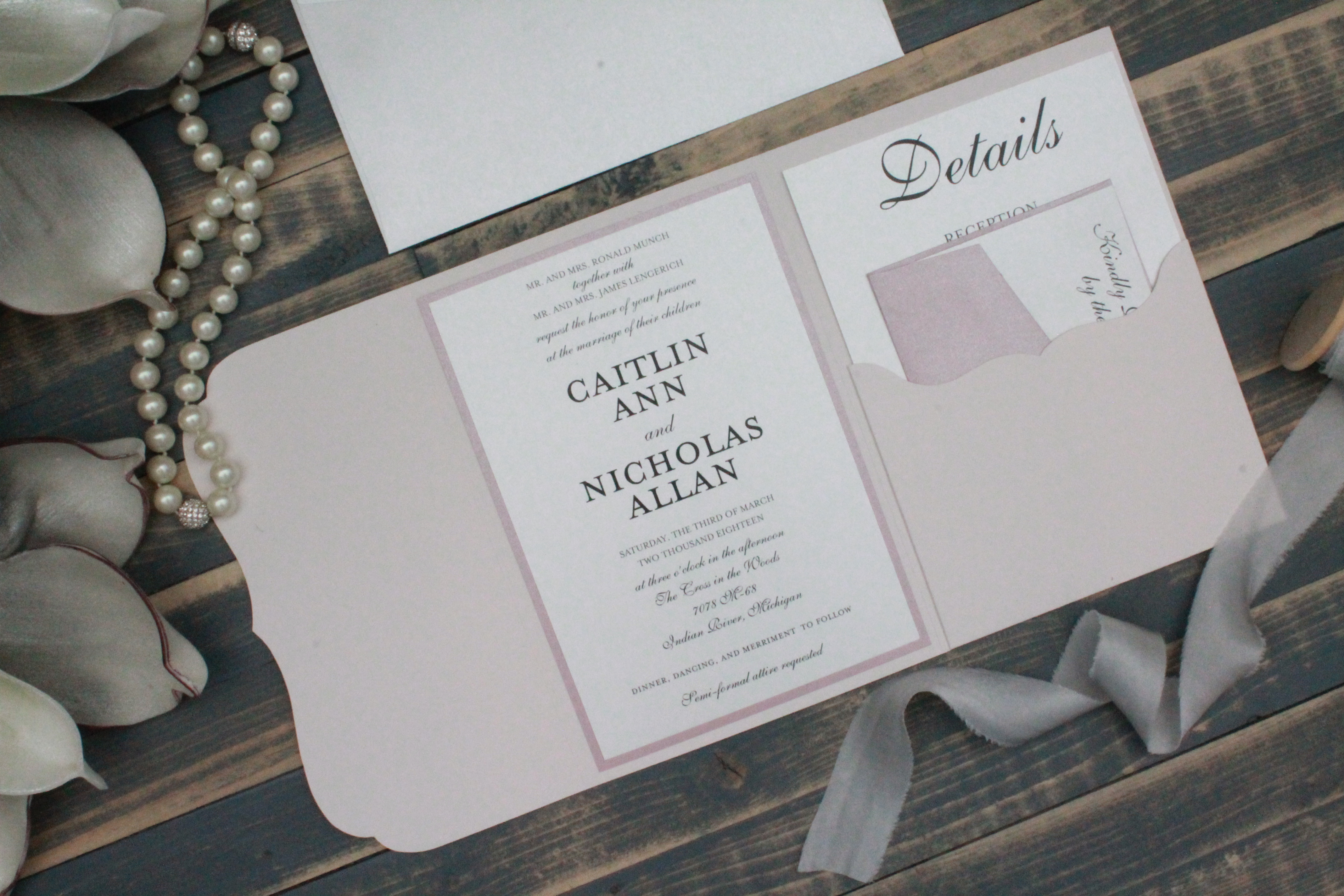 Dusty pink and blush pink pocket wedding invitation