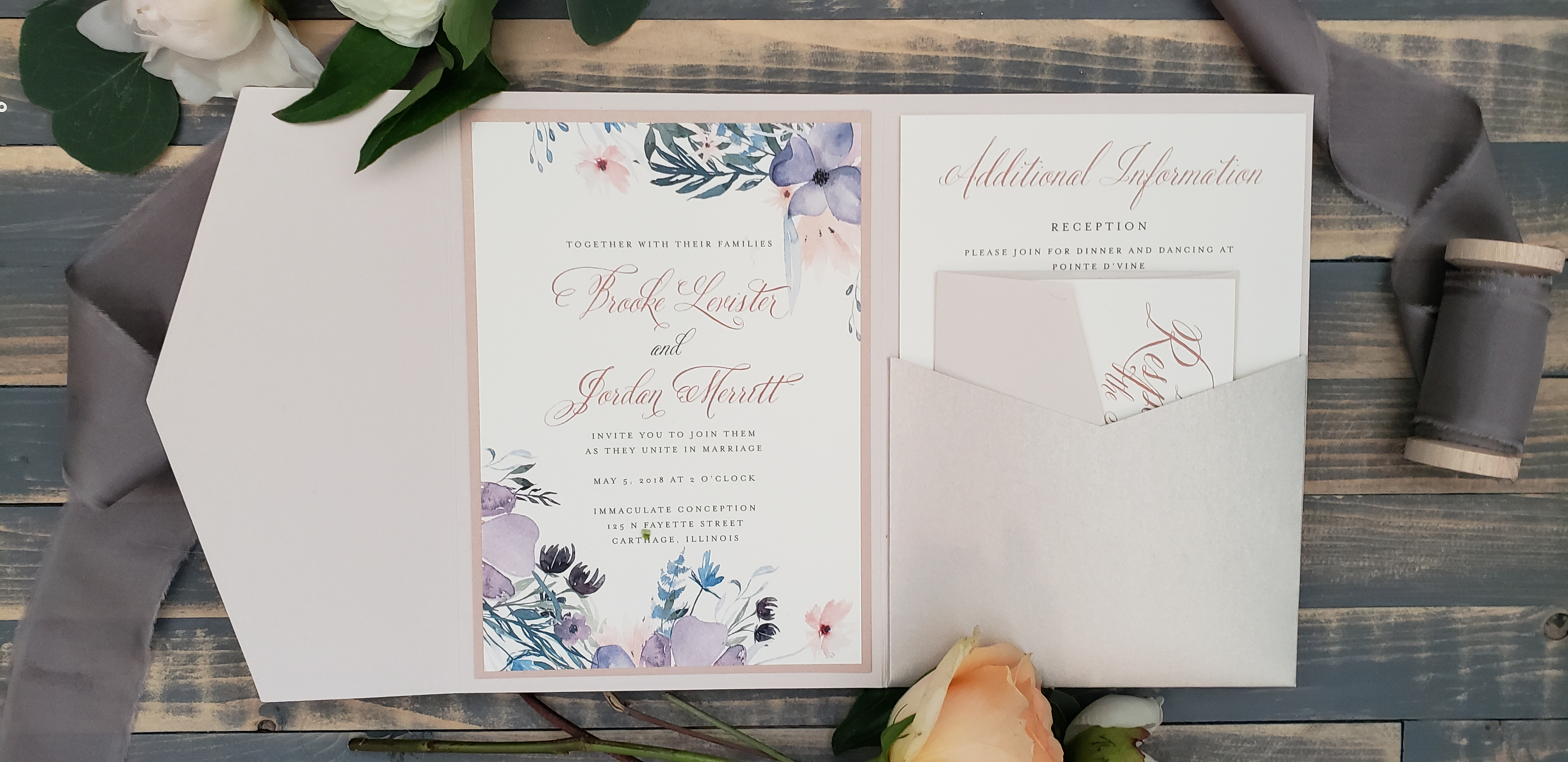 Floral neutral wedding invitations, pocket invitations