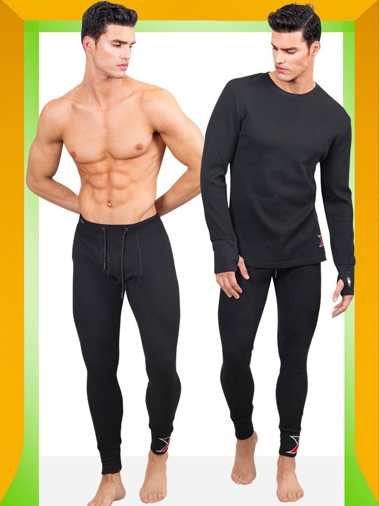 Shop Black cotton waffle Long-sleeve Thermal T-shirt with Matching Long Johns Men's Leggings - Men's Thermal Underwear & Long Johns 2 Piece Set