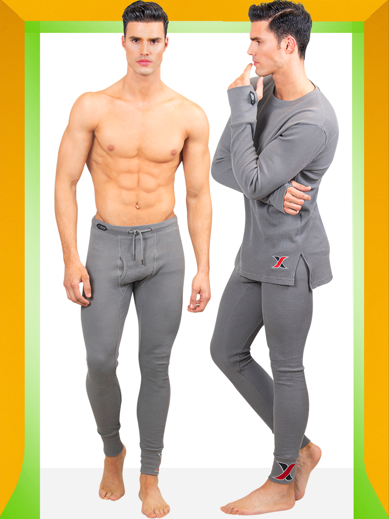 Shop Gray cotton waffle Long-sleeve Thermal T-shirt with Matching Long Johns Men's Leggings - Men's Thermal Underwear & Long Johns 2 Piece Set